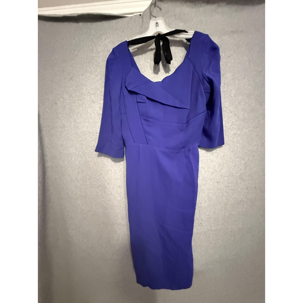 Roland Mouret Dress Womens 10 Blue Square Neck 3/4 Sleeve Sheath Knee Length